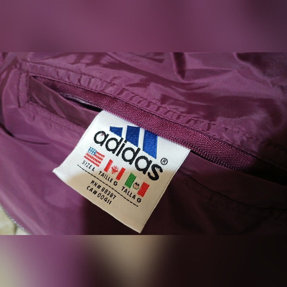Vintage Y2K Adidas Reversible Jacket Men’s L Hooded Burgundy Maroon 3 Stripe - Picture 6 of 7